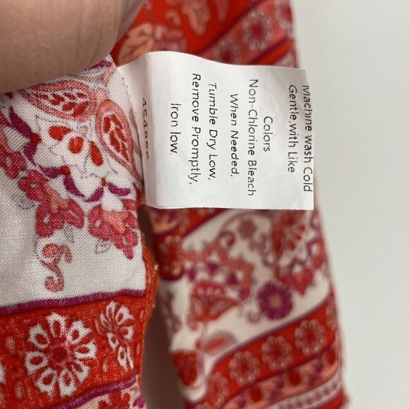 Bohemian Outsider Red Floral Striped Button Down Tie Neck Flowy Top Woman’s Sz M - Picture 8 of 10